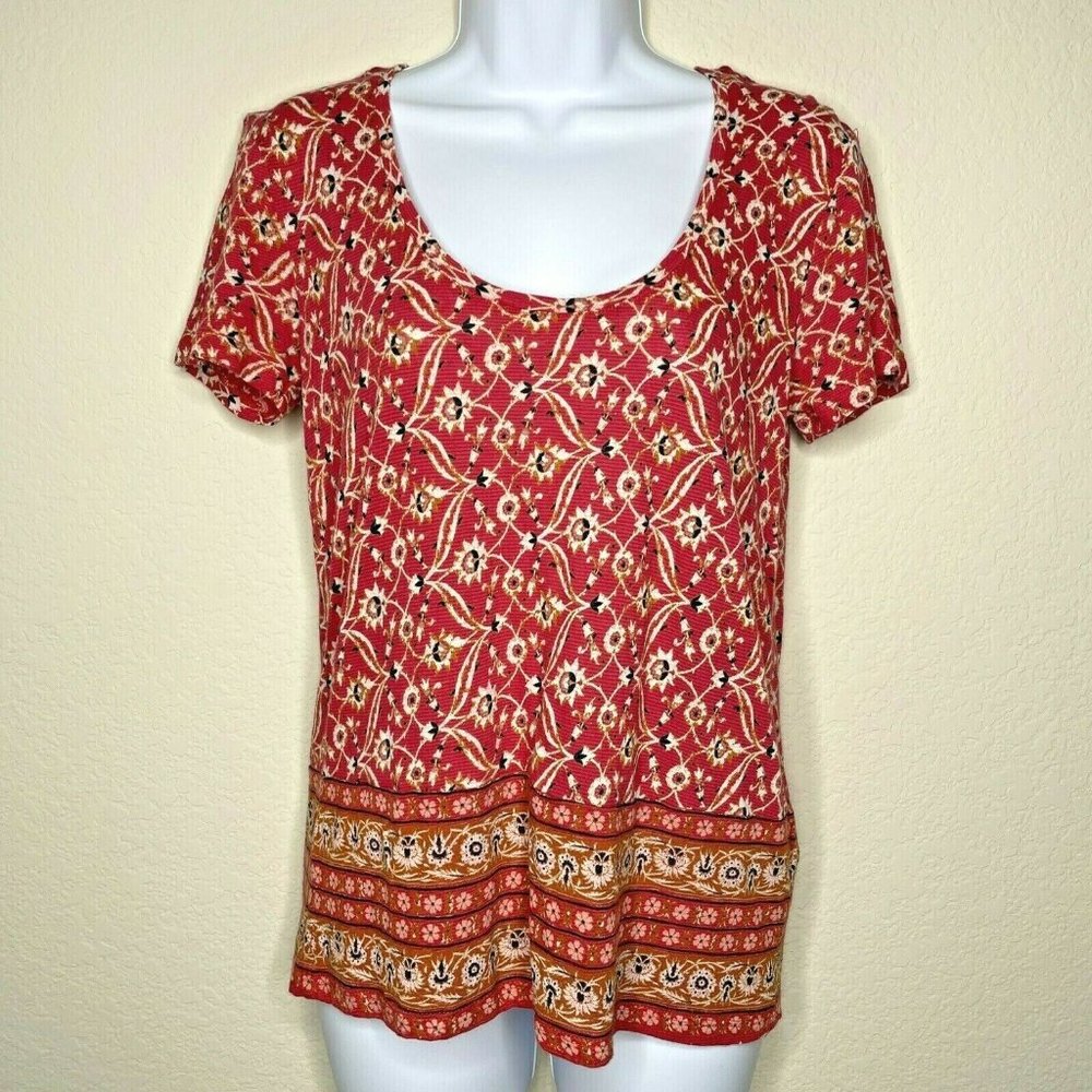 LUCKY BRAND Wms Sz S Red Floral Print Border Tee Short Sleeve Scoop Neck